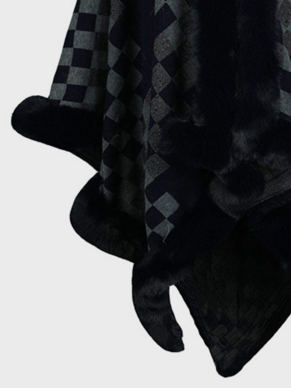 Fuzzy Checkered Long Sleeve Poncho (beige/tan/pink/navy/black)