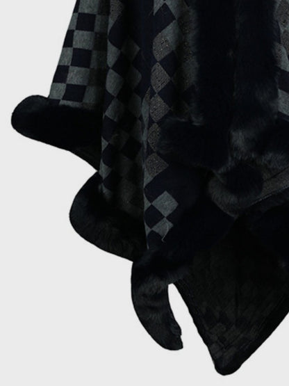 Fuzzy Checkered Long Sleeve Poncho (beige/tan/pink/navy/black)
