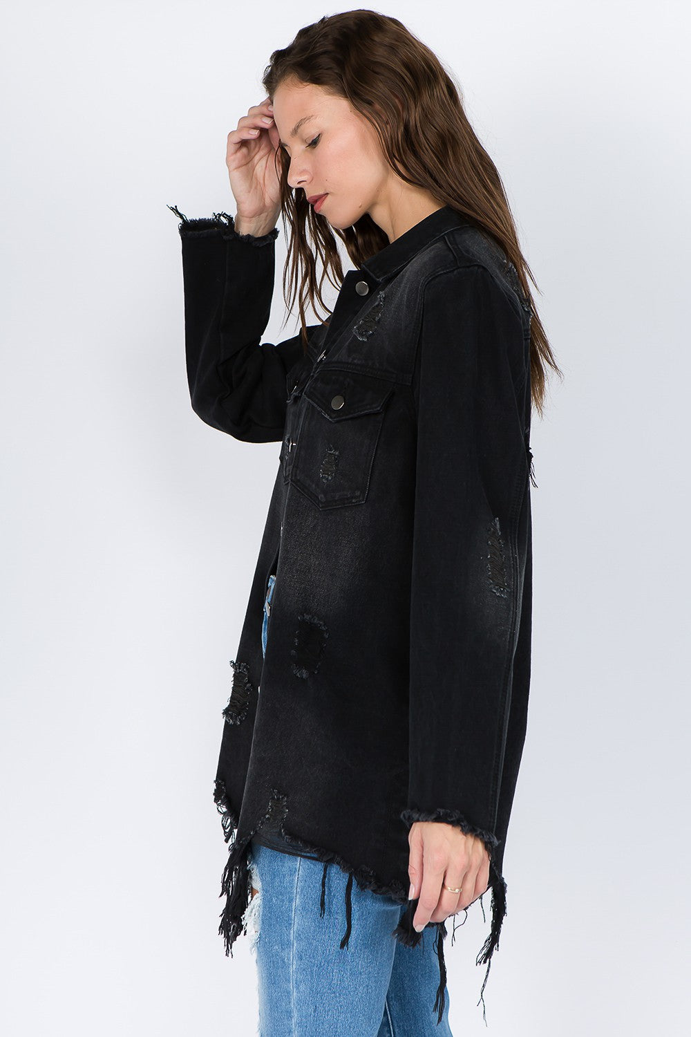 American Bazi Distressed Frayed Hem Denim Jacket (S/M/L)