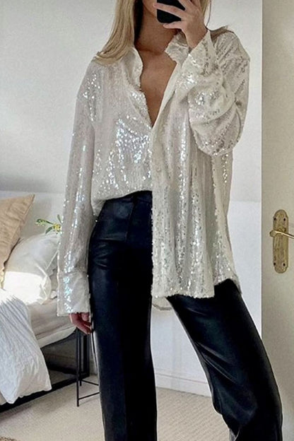 Sequin Button Up Long Sleeve Shirt (black/white/cream)-SMALL-2XL
