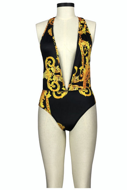Printed Plunge One-Piece and Cover Up Swim Set-MEDIUM-2XL