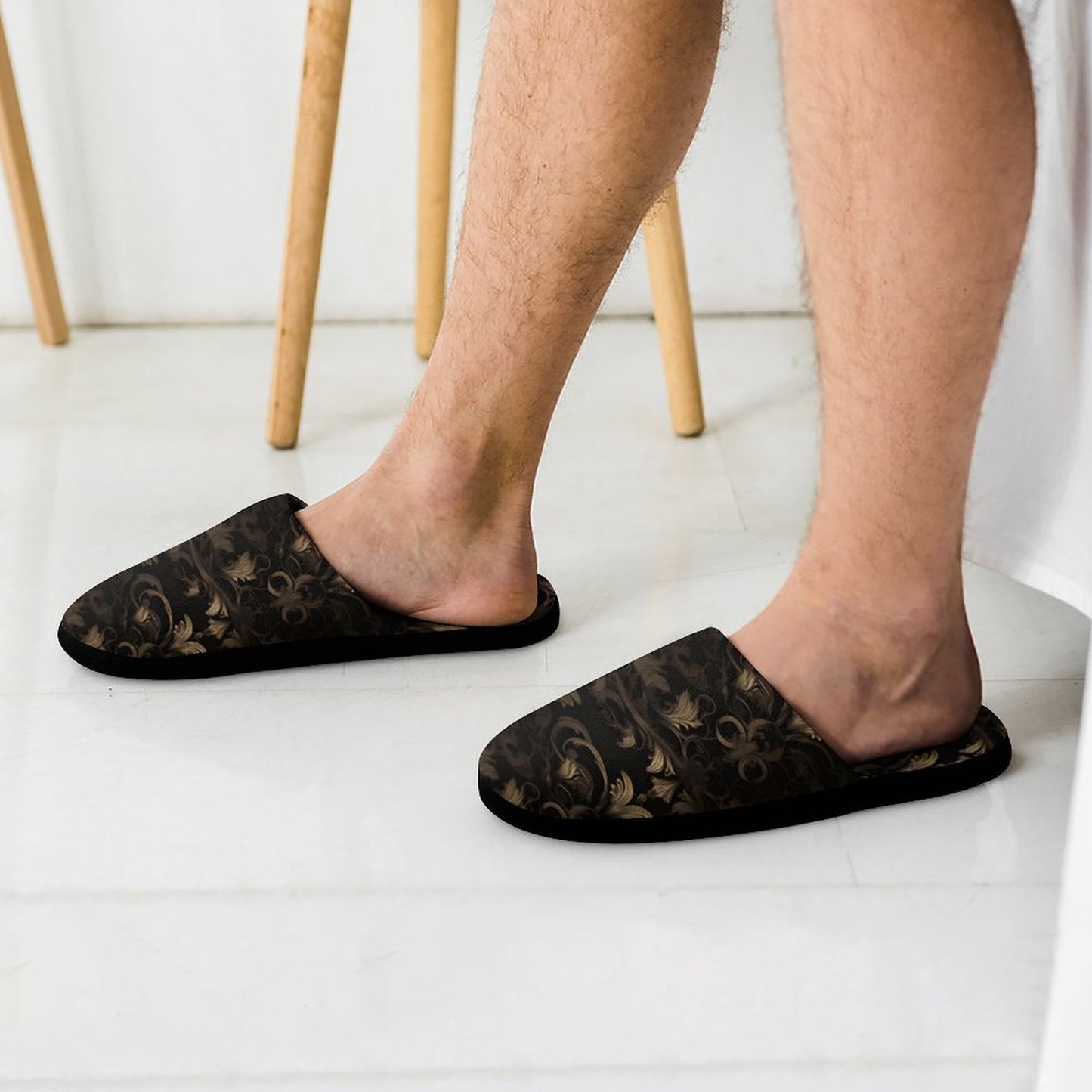 BLACK & GOLD ACCENT Flannel Men's Cotton Slippers