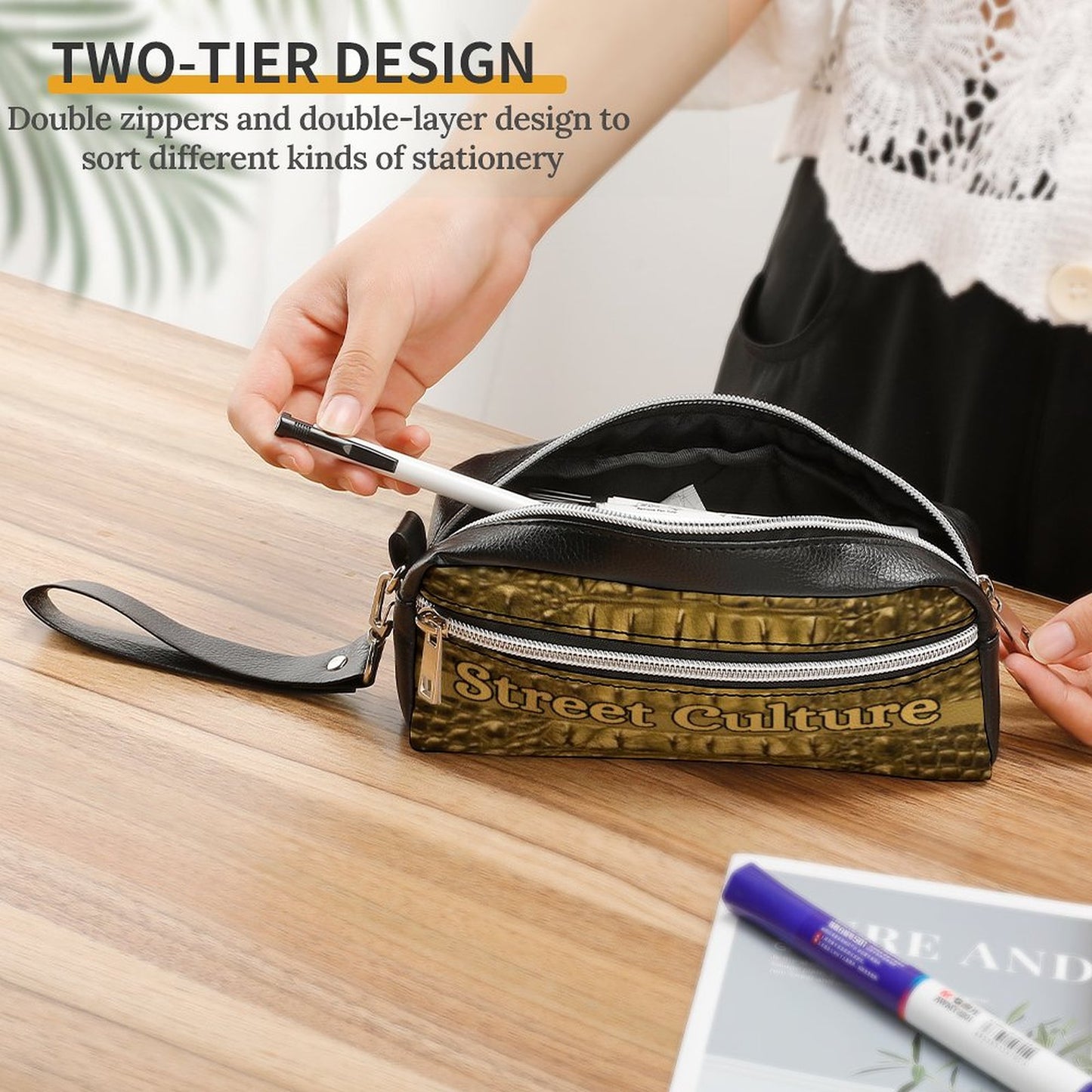 STREET CULTURE Alligator Leather Toiletries/Cosmetic Bag (can be used as a pen/pencil pouch)