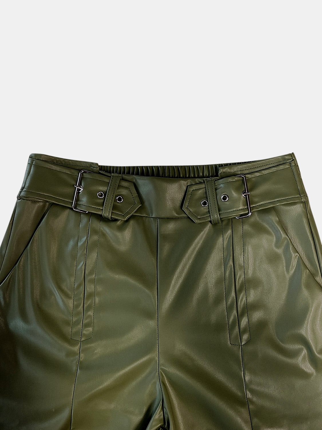 Pu Leather Half Elastic Waist Wide Leg Pants (moss/burgundy/black)-SMALL-2XL