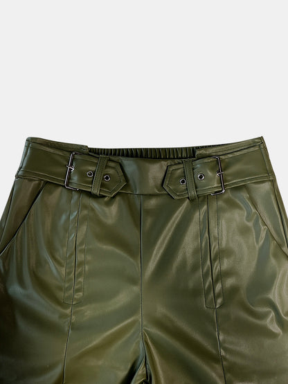 Pu Leather Half Elastic Waist Wide Leg Pants (moss/burgundy/black)-SMALL-2XL