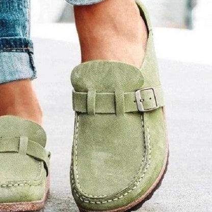 Round Toe Low Heel Buckle Loafers (khaki/black/purple/sage/caramel)