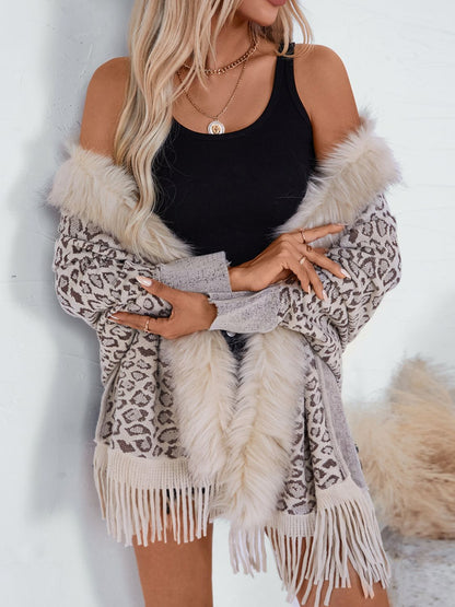 Fringe Leopard Open Front Long Sleeve Poncho (beige/chocolate/indigo/burgundy/brown/black)