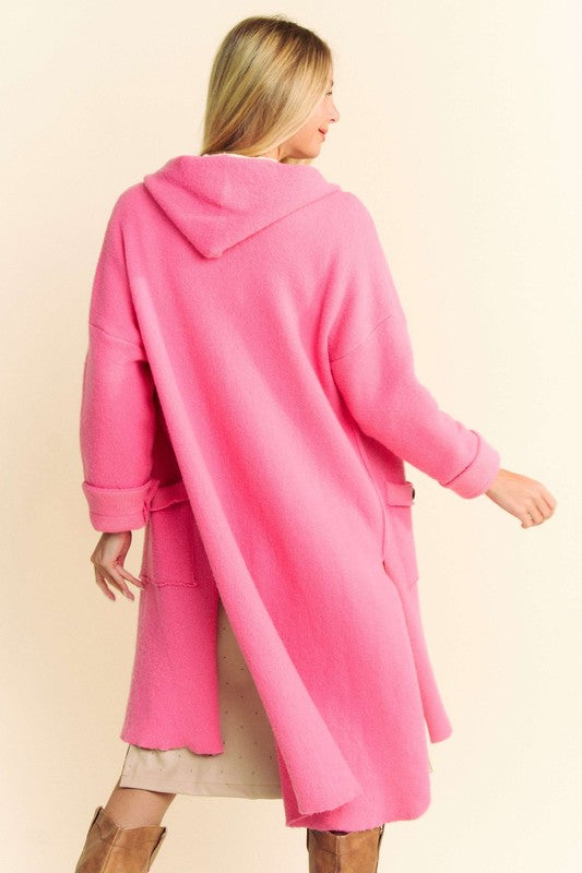 Davi & Dani Side Slit Button Up Hooded Cardigan-S/M/L