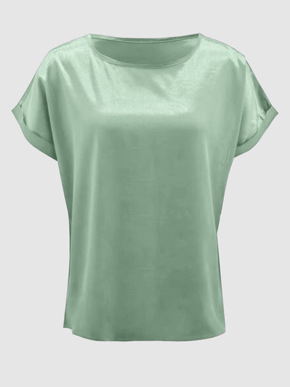Satin Round Neck Short Sleeve Blouse (black/white/royal blue/lilac/pink/blue/burgundy/green)-SMALL-2XL