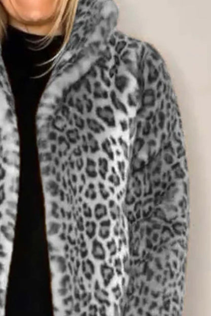 Full Size Leopard Fur Collared Neck Long Sleeve Coat (camel/grey/blue/cerise or red/pink)-SMALL-3XL