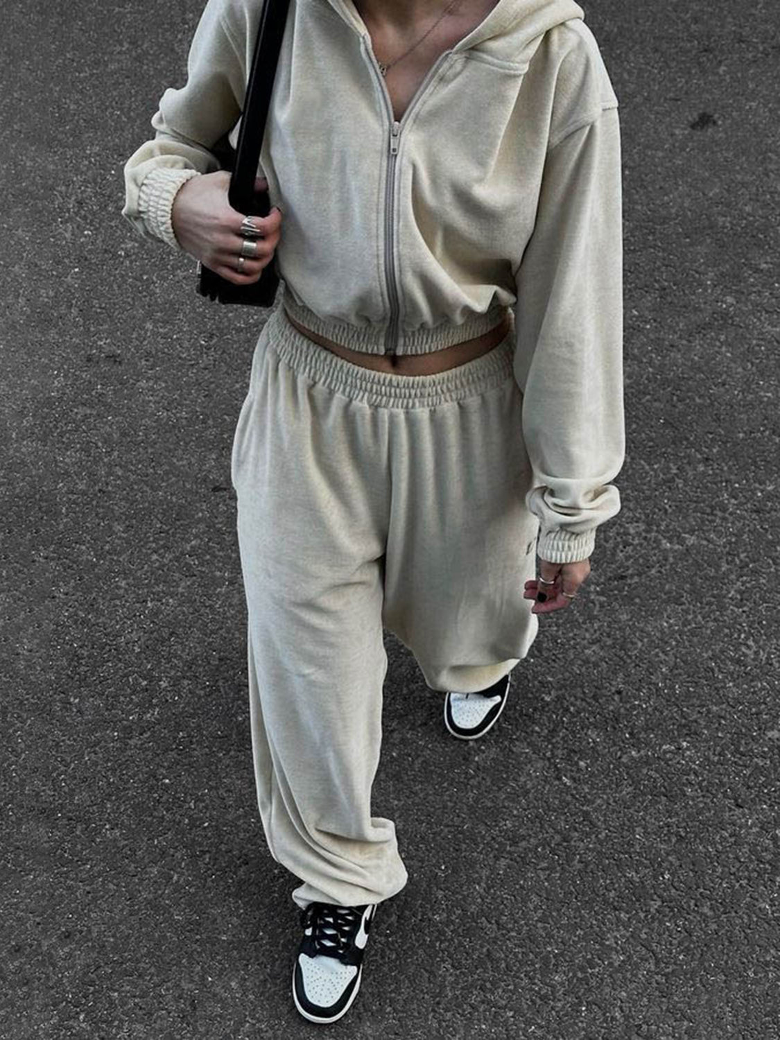 Zip Up Hoodie and Pocketed Pants Set (grey/pink/apricot/black/blue)-SMALL-XL