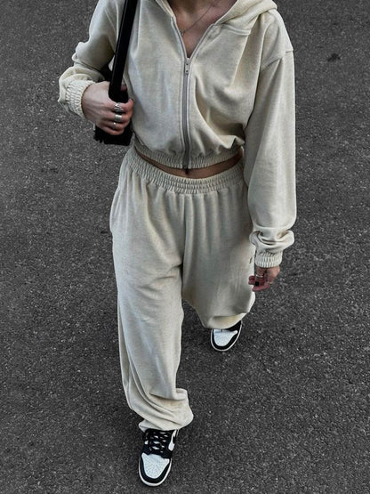Zip Up Hoodie and Pocketed Pants Set (grey/pink/apricot/black/blue)-SMALL-XL