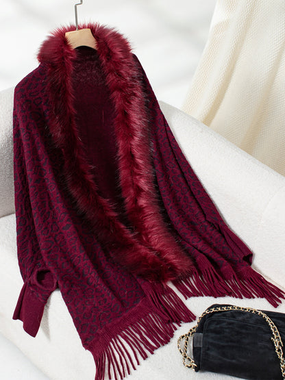 Fringe Leopard Open Front Long Sleeve Poncho (beige/chocolate/indigo/burgundy/brown/black)