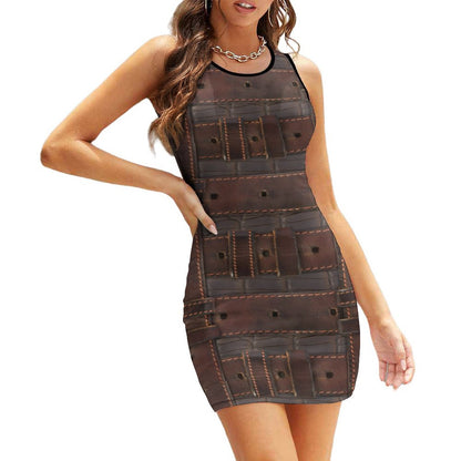 RUGGED LEATHER BUCKLE Sleeveless Ladies Tank Dress-SMALL-2XL