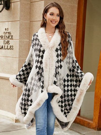 Fuzzy Checkered Long Sleeve Poncho (beige/tan/pink/navy/black)