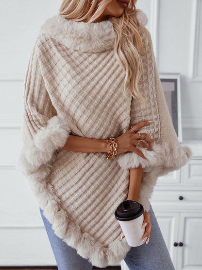 Fuzzy Trim Texture Three-Quarter Sleeve Poncho (beige/camel/grey/brown/black/burgundy)