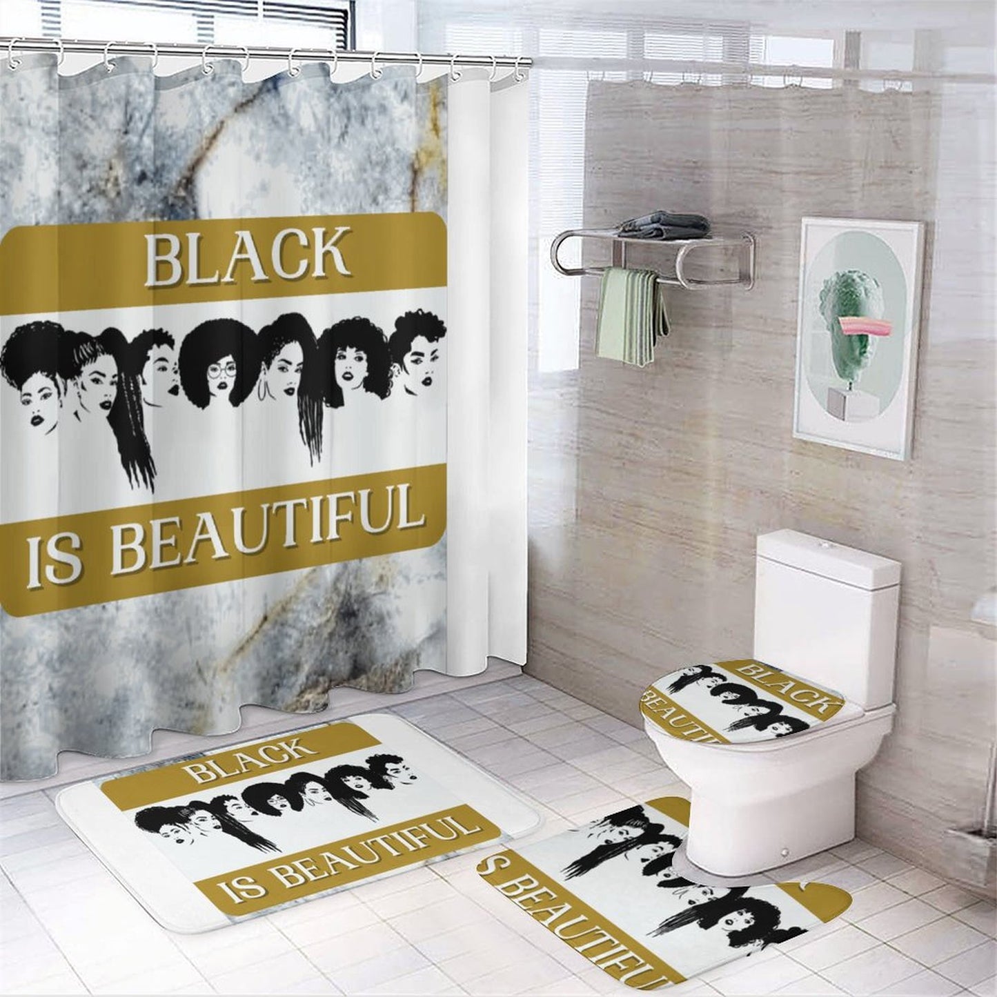 Shower Curtain Set with 3 Rugs