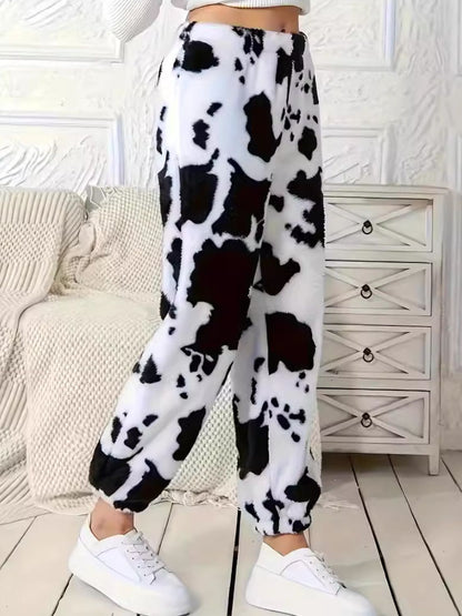 Faux Fur Cow Print Elastic Waist Pants-SMALL-2XL