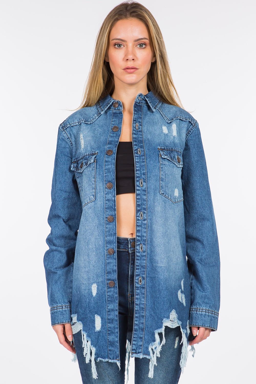 American Bazi Distressed Frayed Hem Denim Jacket (S/M/L)