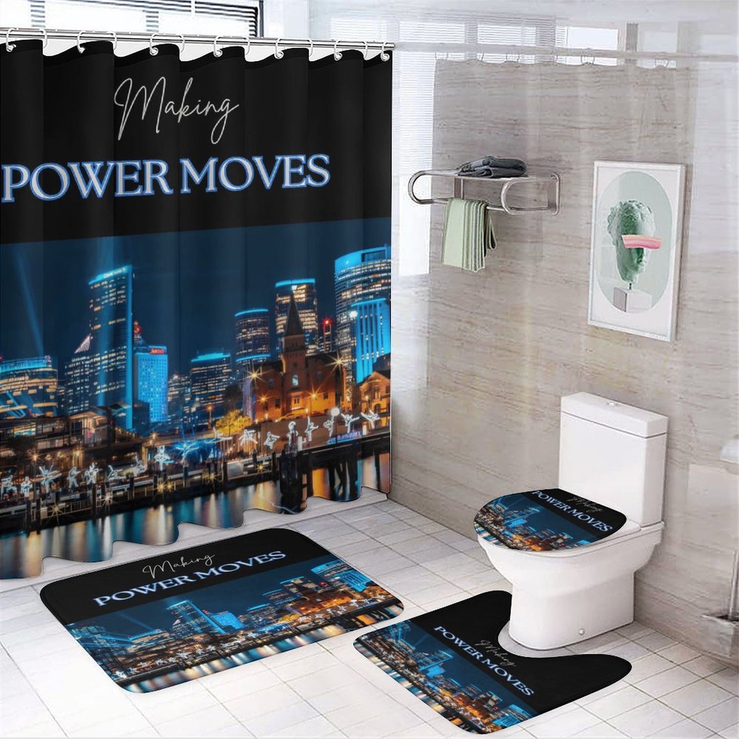 MAKING POWER MOVES Shower Curtain Set with 3 Rugs