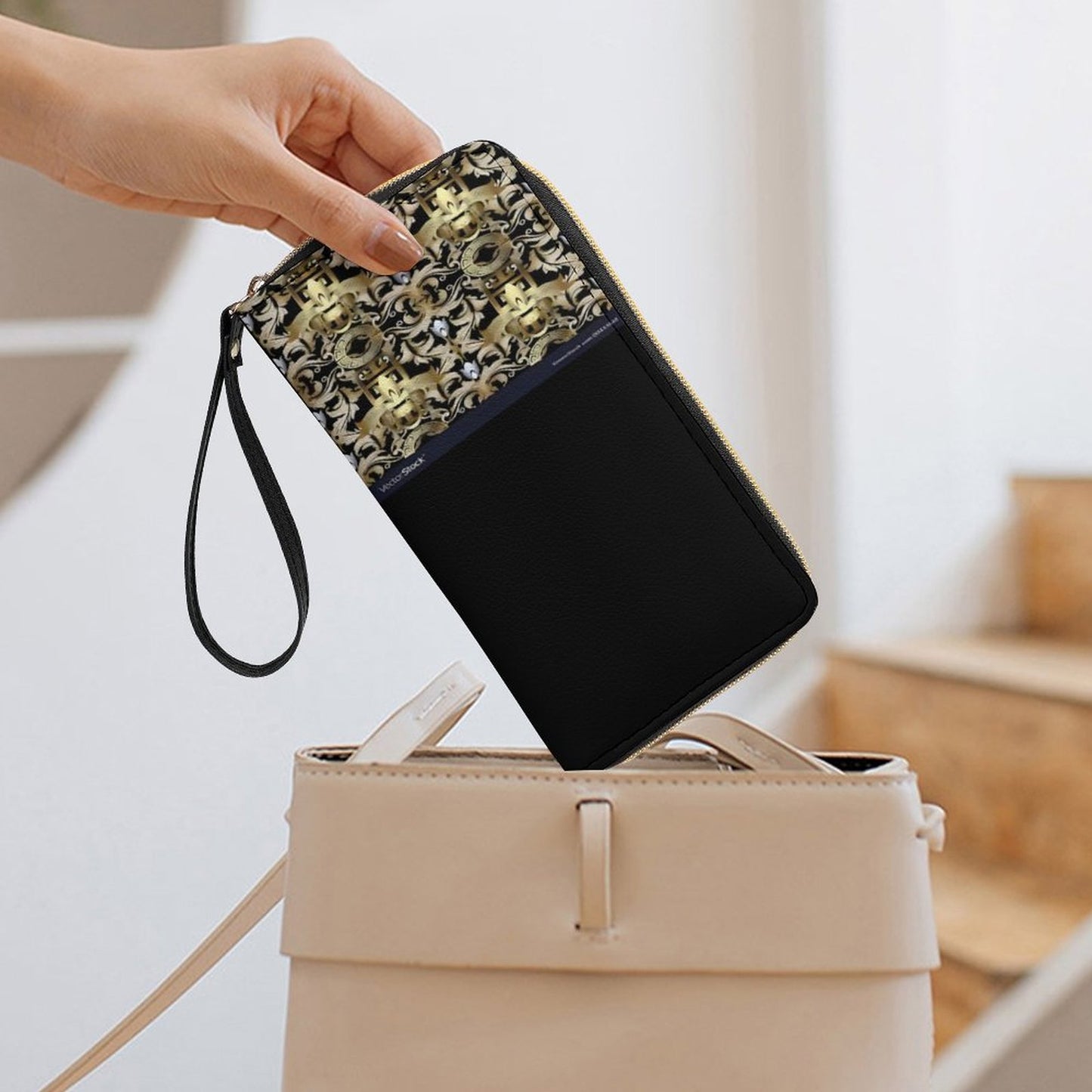 Leather Wallet with Wristlet Strap (2 Pictures on 2 Sides)