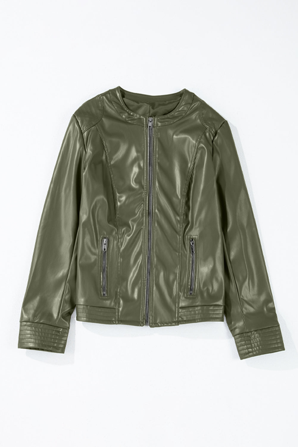 PU Leather Round Neck Long Sleeve Jacket (green/taupe/black)-SMALL-XL