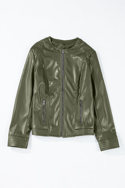 PU Leather Round Neck Long Sleeve Jacket (green/taupe/black)-SMALL-XL