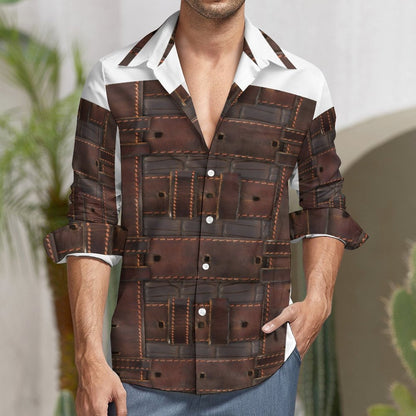 RUGGED LEATHER BUCKLE Print Linen Men Long Sleeve Shirt with Pocket-*XS-7XL