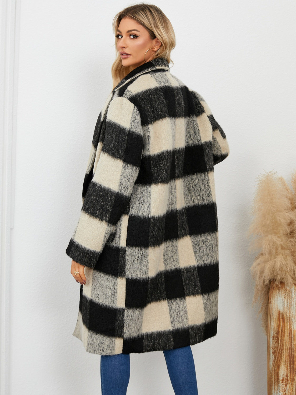 Plaid Double-Breasted Long Sleeve Coat (black/hot pink)-SMALL-XL