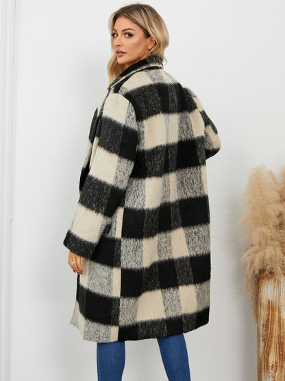 Plaid Double-Breasted Long Sleeve Coat (black/hot pink)-SMALL-XL