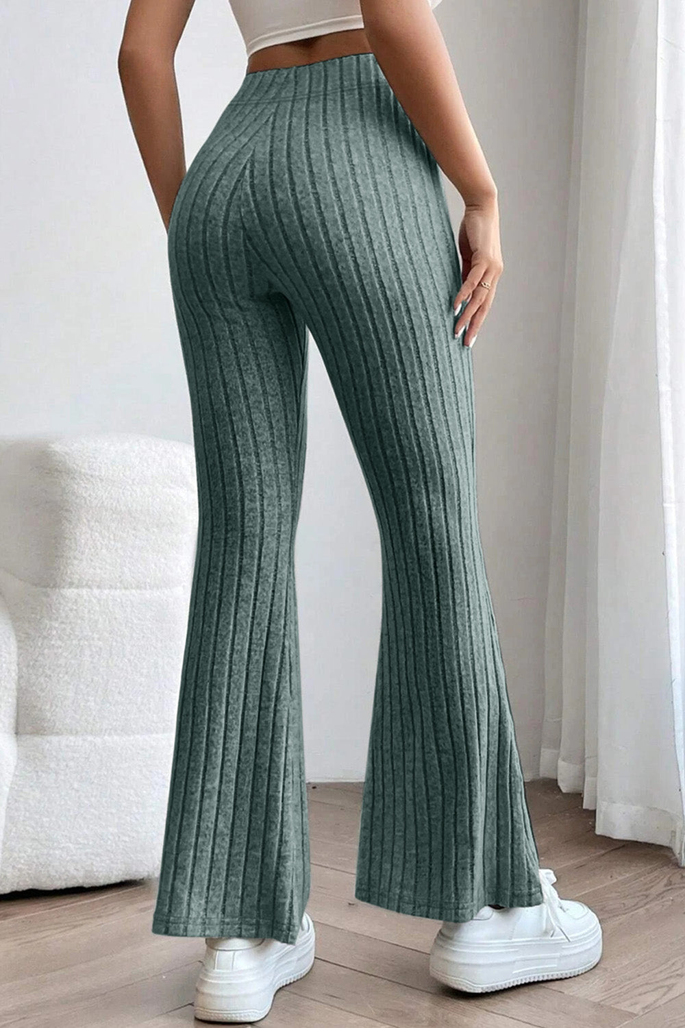 0N SALE:::Full Size Ribbed High Waist Flare Pants (black/blue/teal/grey)-SMALL-3XL