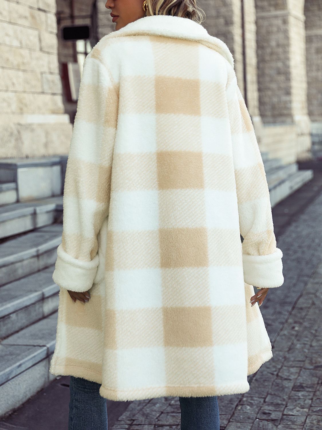 Plaid Button Down Coat with Pockets-SMALL-2XL