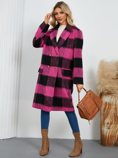 Plaid Double-Breasted Long Sleeve Coat (black/hot pink)-SMALL-XL