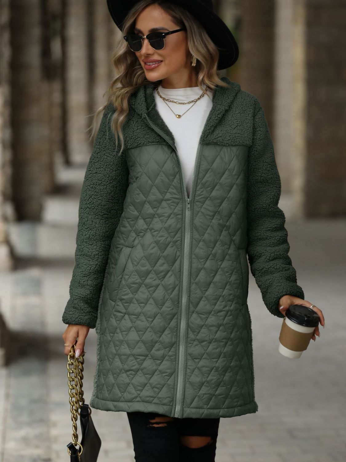 Texture Zip Up Long Sleeve Hooded Coat (caramel/off white/black/green)-SMALL-2XL)