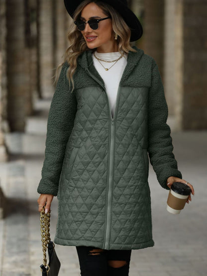 Texture Zip Up Long Sleeve Hooded Coat (caramel/off white/black/green)-SMALL-2XL)