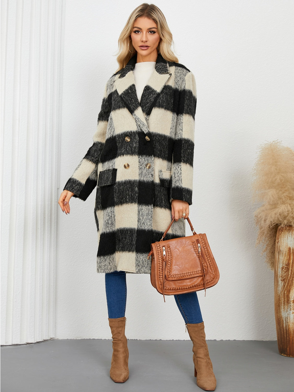 Plaid Double-Breasted Long Sleeve Coat (black/hot pink)-SMALL-XL