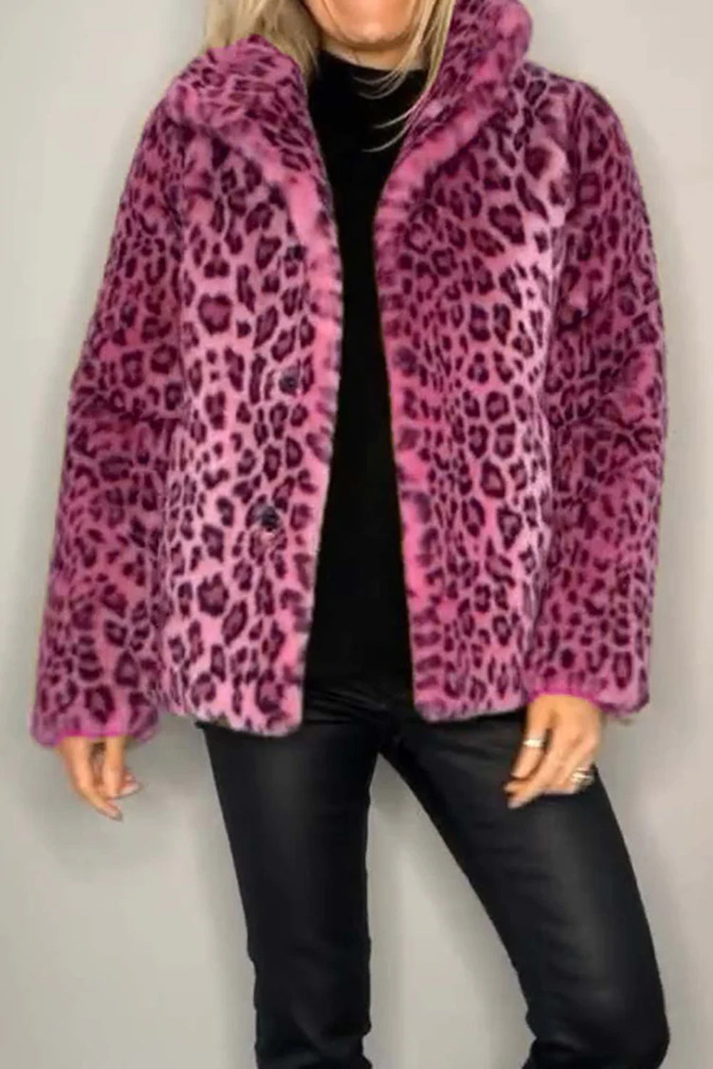 Full Size Leopard Fur Collared Neck Long Sleeve Coat (camel/grey/blue/cerise or red/pink)-SMALL-3XL