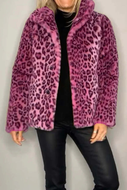 Full Size Leopard Fur Collared Neck Long Sleeve Coat (camel/grey/blue/cerise or red/pink)-SMALL-3XL