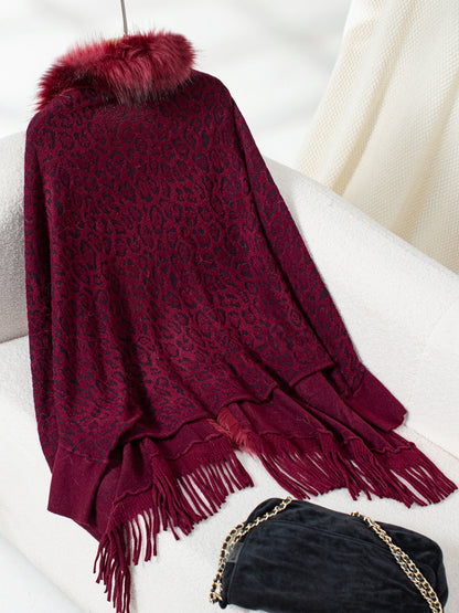 Fringe Leopard Open Front Long Sleeve Poncho (beige/chocolate/indigo/burgundy/brown/black)