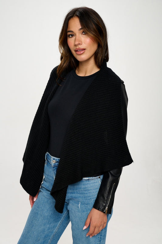 Knit Collared Vegan Leather Crop Jacket-SMALL-XL