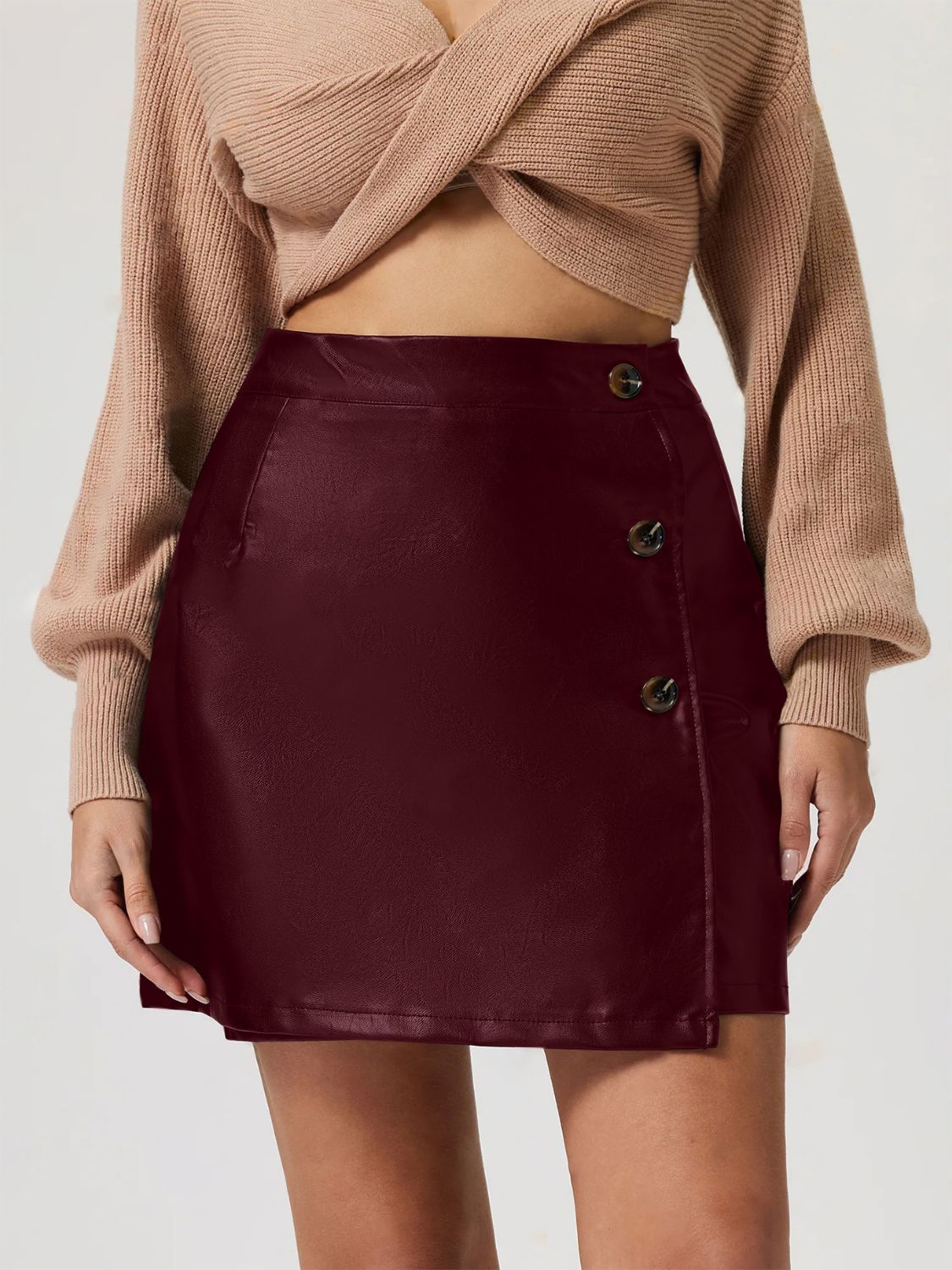 PU Leather Buttoned High Rise Mini Skirt (black/burgundy)-S-XL