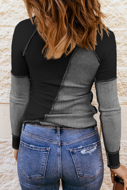 Color Block Round Neck Long Sleeve Blouse (brown/grey/white/kaki/burgundy/blue/green)-S-XL