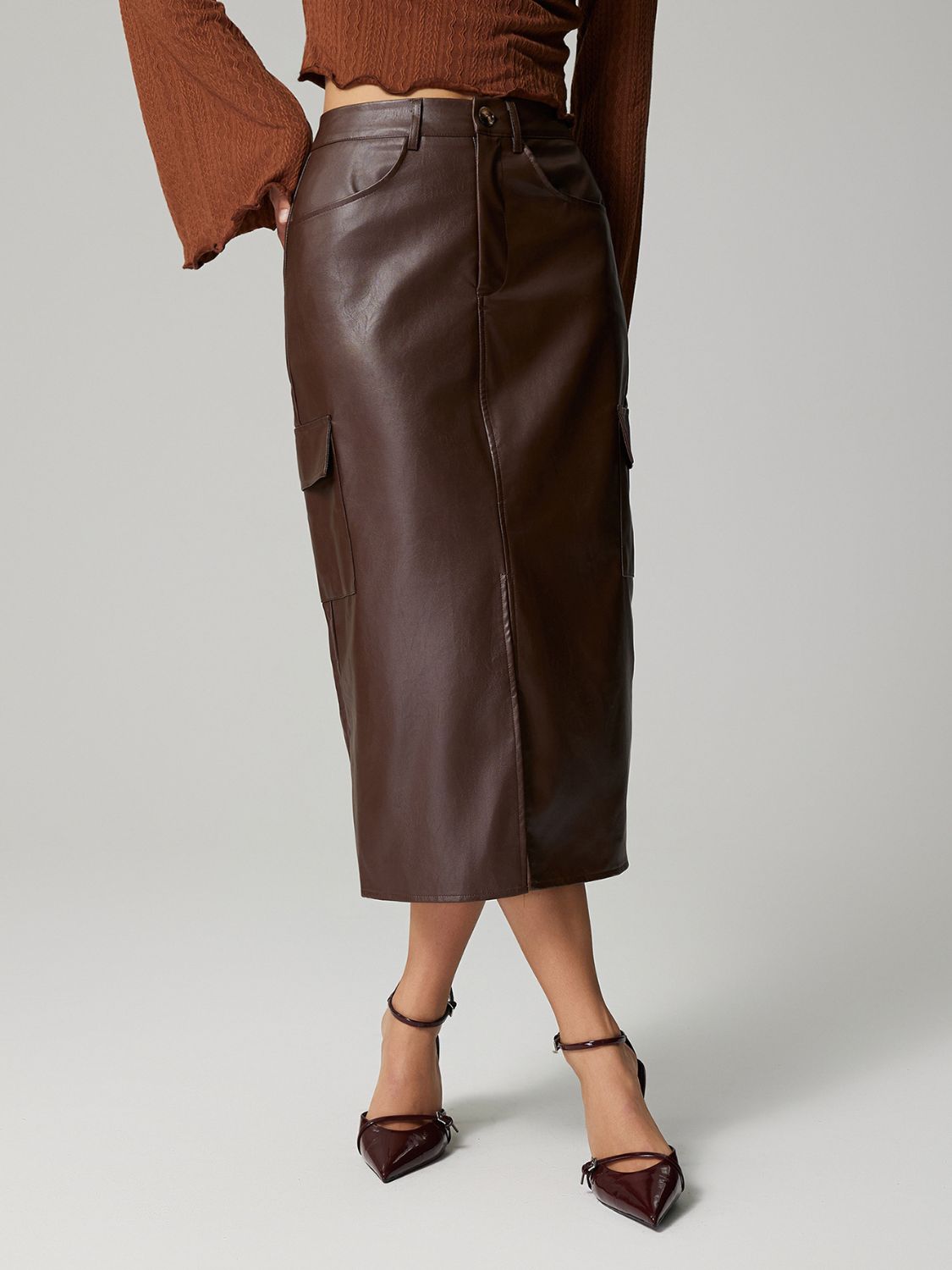PU Leather Slit Midi Skirt with Pockets (dk. brown/black)-SMALL-XL