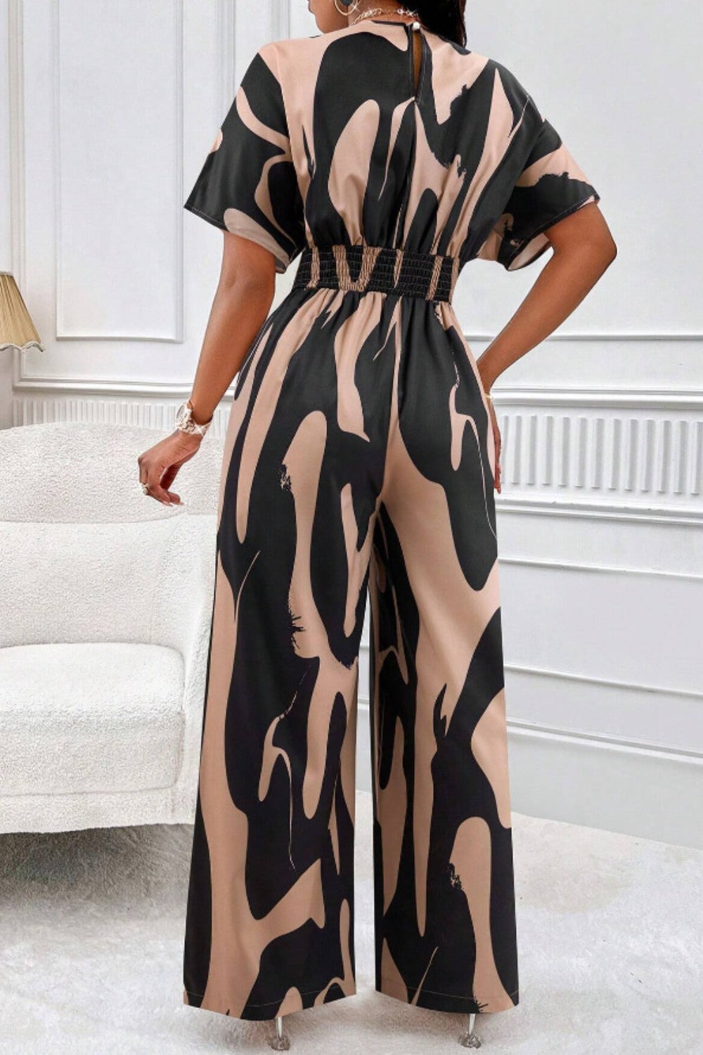 Printed V-Neck Short Sleeve Wide Leg Jumpsuit (black/orange/brown/green)-SMALL-2XL