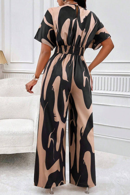 Printed V-Neck Short Sleeve Wide Leg Jumpsuit (black/orange/brown/green)-SMALL-2XL