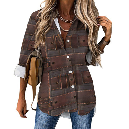 RUGGED LEATHER BUCKLE Print Women's Irregular Hem Shirt-*SMALL-8XL
