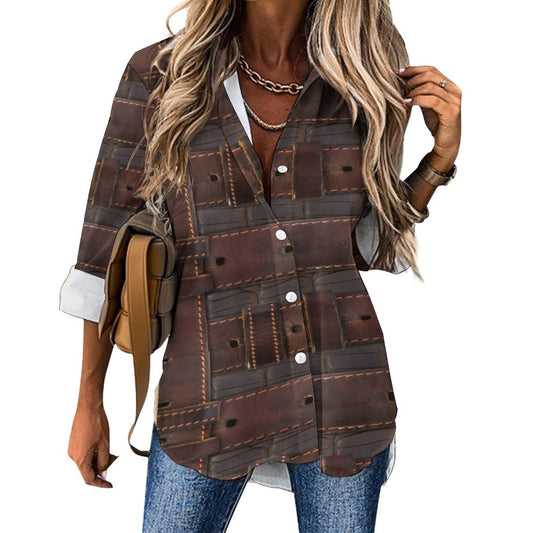 RUGGED LEATHER BUCKLE Print Women's Irregular Hem Shirt-*SMALL-8XL
