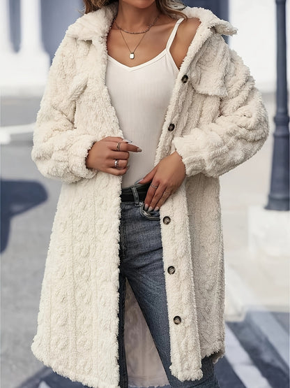 Fuzzy Button Up Long Sleeve Longline Fur Coat-SMALL-2XL