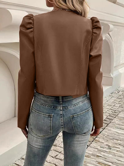 PU Leather Open Front Puff Sleeve Jacket (caramel/black/burgundy)-SMALL-XL