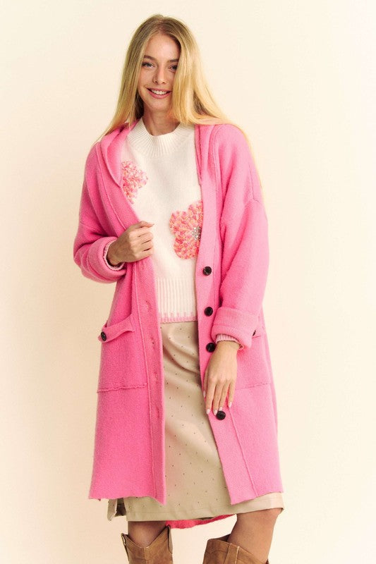 Davi & Dani Side Slit Button Up Hooded Cardigan-S/M/L